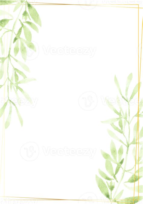 Watercolor Green Leaves With Golden Frame Wedding Or Birthday