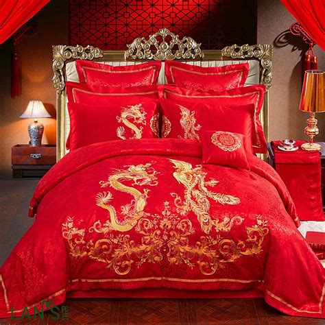 2016 Luxury Dragon Embroidery 4pcs Bedding Sets Chinese Red Jacquard