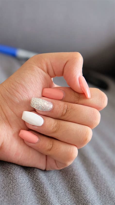 Acrylic Pinkie Nude White And Glittery Nail Pink Tip Nails Pink White Nails Acrylic Nails