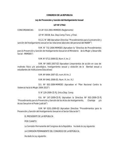 Congreso De La Republica Ley De Prevenci N Y Sanci N Del Hostigamiento