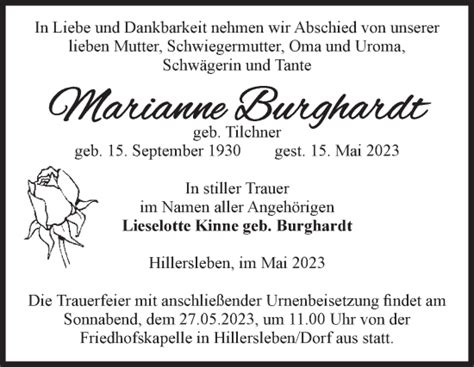 Traueranzeigen Von Marianne Burghardt Abschied Nehmen De