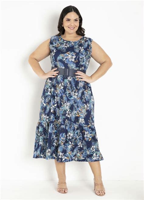 Vestido Floral Azul Franzidos Plus Size Marguerite