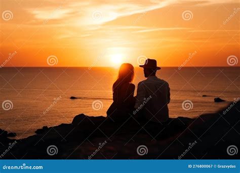 Silhouette Of Couple Lovers Watching Sun At Sunset On The Beach Ai Generated Stock Illustration