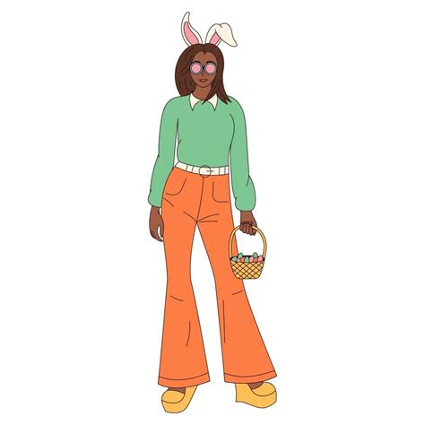 Groovy Hippie Happy Easter Character Girl With Rabbit Ears In Trendy