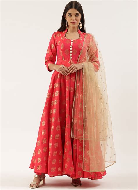 Shop Red Taffeta Jacquard Anarkali Suit Wedding Wear Festive Wear