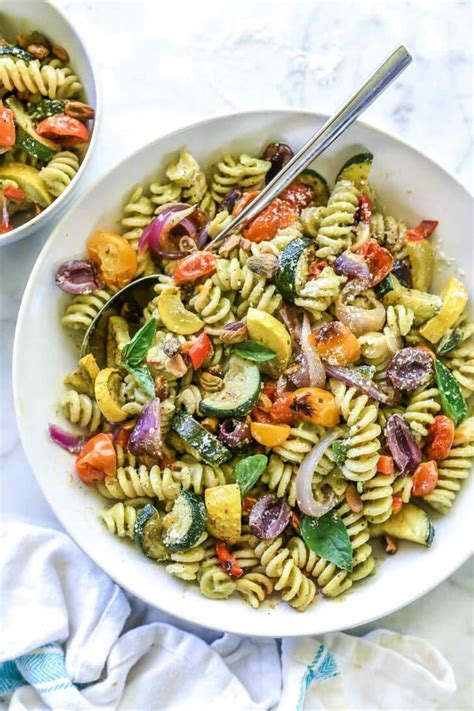 Creamy Avocado Pesto Pasta Salad With Roasted Vegetables Foodiecrush