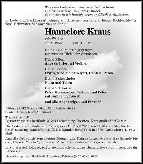 Traueranzeigen Von Hannelore Kraus Trauer Nn De