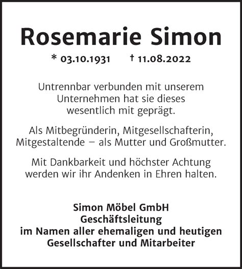 Traueranzeigen Von Rosemarie Simon Abschied Nehmen De