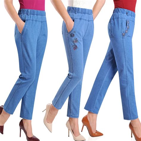 Middle Aged Women Embroidered Jeans Waist Elastic Flower Jeans Female