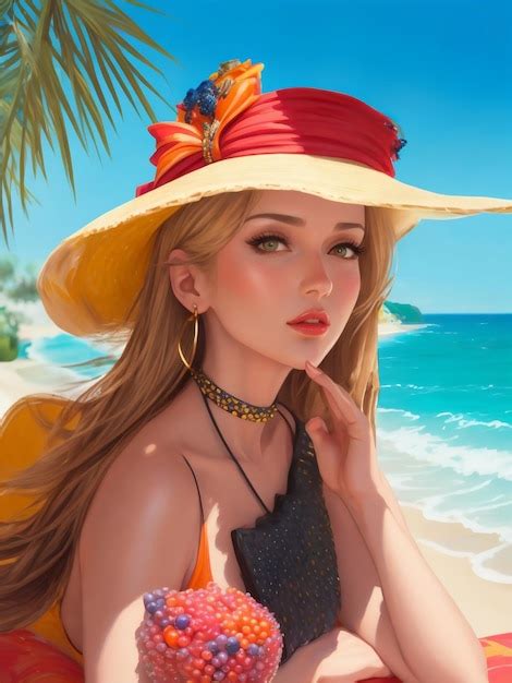 Premium AI Image Summer Banner With Exotic Palm Leaves Pretty Sexy Woman With Blonde Hair In A
