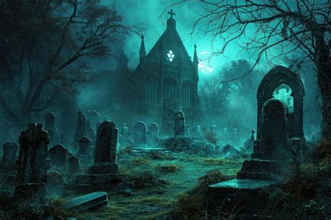 Premium Ai Image A Haunting Photo Of A Cemetery At Night Showcasing A