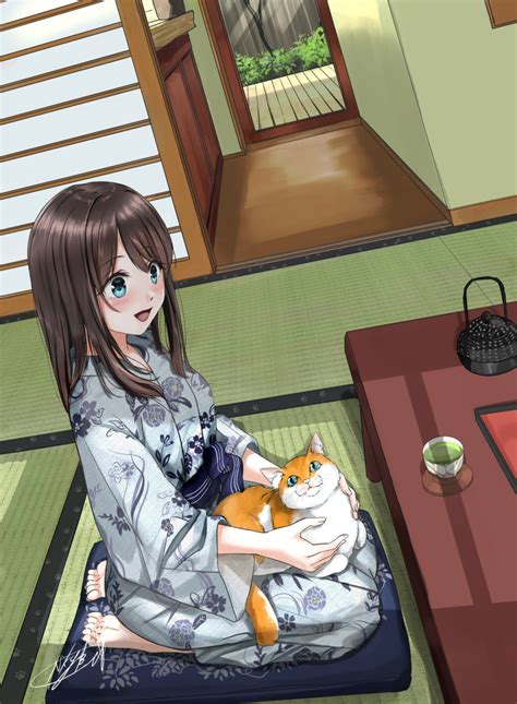 Safebooru 1girl Bangs Blue Hair Blue Kimono Blush Brown Hair Cat