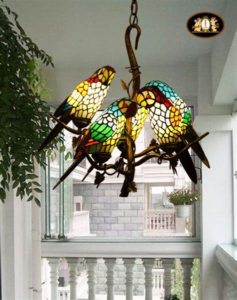 Vintage Tiffany Style Stained Glass Retro Five Parrot Pendant Lamp