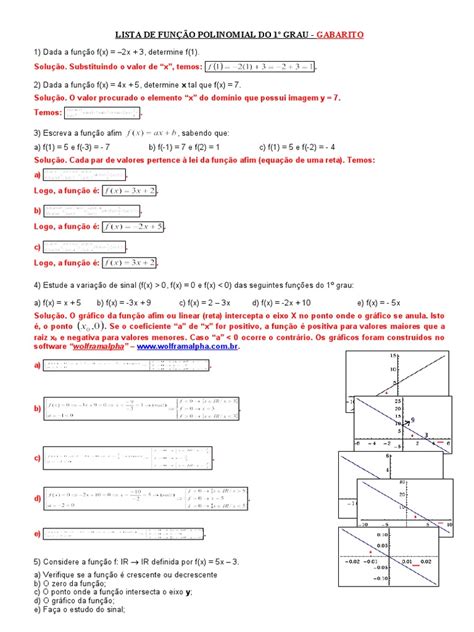 Lista De Exercícios Resolvidos Sobre Funções Polinomiais Do 1o Grau