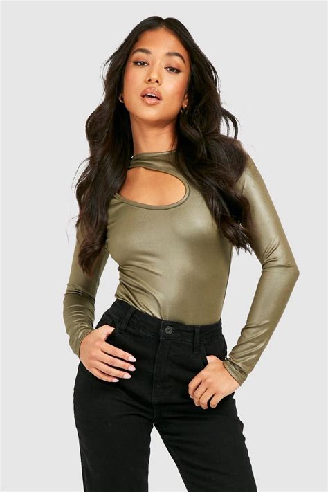 Petite Shiny Cut Out Long Sleeve Bodysuit Boohoo Usa