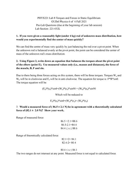 Prelab 8 Physics I Pre Lab 8 PHYS221 Lab 8 Torques And Forces In