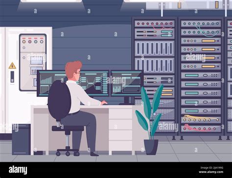 Datacenter Cartoon Composition With Indoor View Of Data Analysts