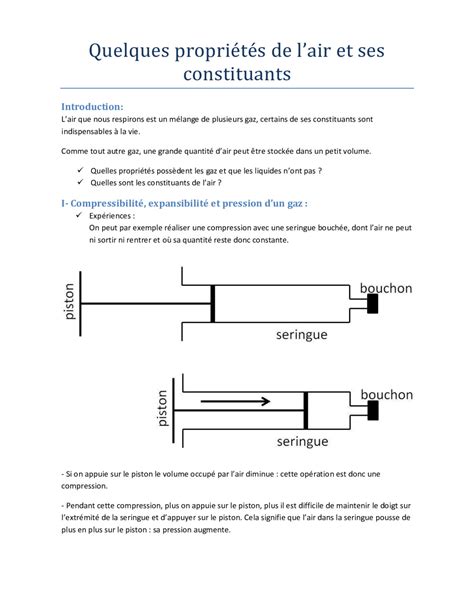 Quelques Propri T S De Lair Et Ses Constituants Exercices Corrig S