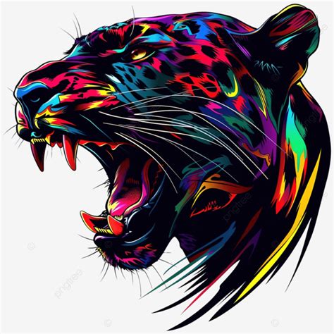 Colorful Panther Head With Cool Position And Roaring Cat Predator