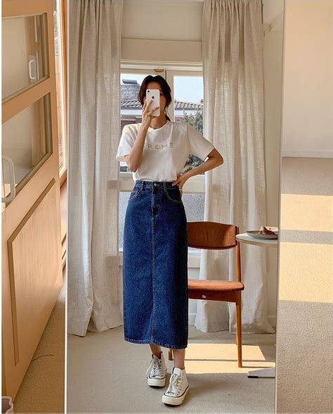 Monica Denim Long Skirt Denim Skirt Outfits Korean Casual Outfits