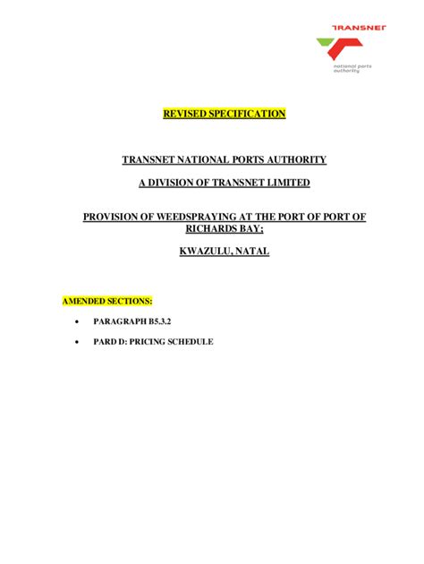 Fillable Online REVISED SPECIFICATION TRANSNET NATIONAL Fax Email