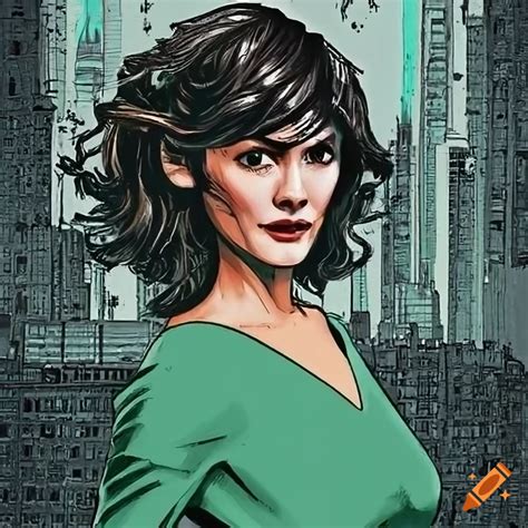 Audrey Tautou As A Stylish Femme Fatale Against A City Skyline On Craiyon