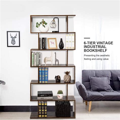 Yusong Bookshelf 6 Tier Geometric Bookcase S Shaped Book Shelves For