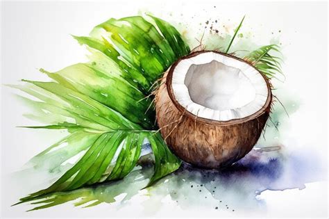 Premium AI Image | Watercolor painting of a coconut with green leaves