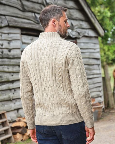 Oatmeal Pure Wool Knitted Aran Cable Zip Neck Jumper Woolovers Uk