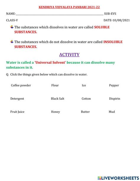 Soluble And Insoluble Substances Activity Live Worksheets