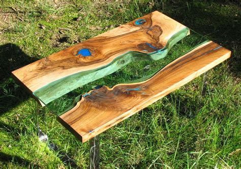 Live Edge River Coffee Table With Glowing Resin Fillin Silver Legs