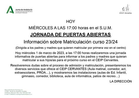 Jornada de Puertas Abiertas Información sobre el centro y el proceso