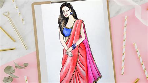 How To Draw A Traditional Girl Wearing Saree With Color Pencils Youtube