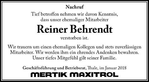 Traueranzeigen Von Reiner Behrendt Abschied Nehmen De