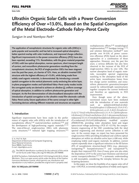 Pdf Ultrathin Organic Solar Cells With A Power Conversion Efficiency Of Over ≈13 0 Based On