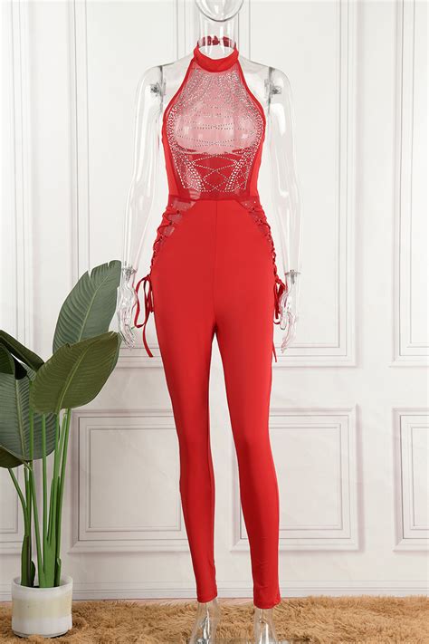Wholesale Red Sexy Hot Drilling Sequined Halter Skinny Jumpsuits K Online