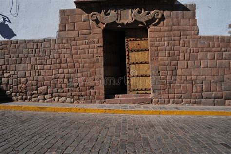 Peru Cusco City Building Facade Of Historical Building With Wooden