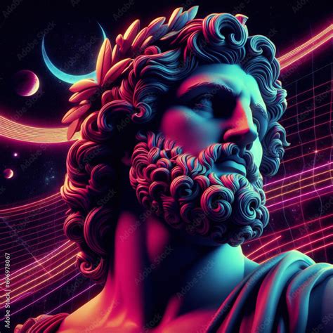 Ancient Statue Of Greek God Head Creative Concept Colorful Neon Image