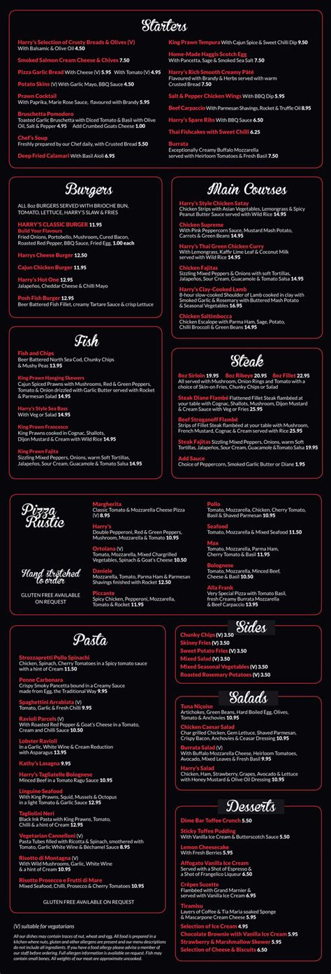 Harry's Bar Newcastle - Main Menu