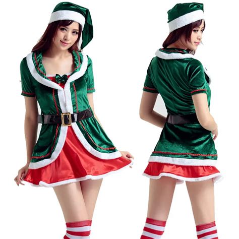 Women Christmas Costumes Sexy Green Christmas Dress With Hat Belt