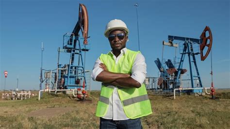 Premium Photo Black Engineer Stands Against Conventional Pumping Unit