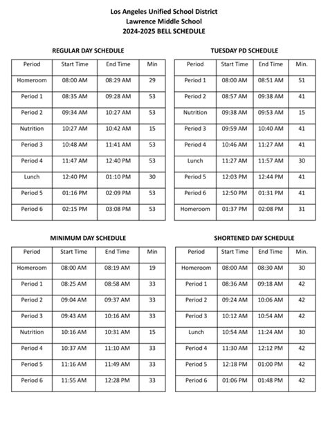 New Bell Schedule Lawrence Middle School