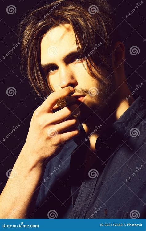 Serious Bearded Man Smoking Cigar Stock Image Image Of Shirt Black