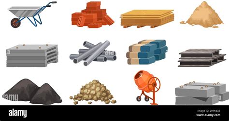 Cartoon Building Materials Slabs Bricks Metal Pipes And Piles