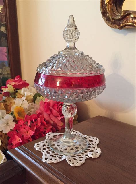 Pedestal Candy Dish With Lid Rubycranberry Band Diamond Etsy