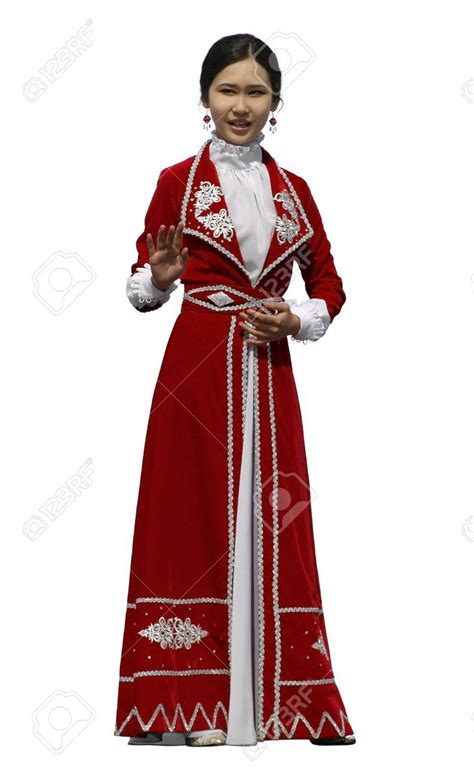 national costume: Kazakh woman in the red national costume isolated over white background ...