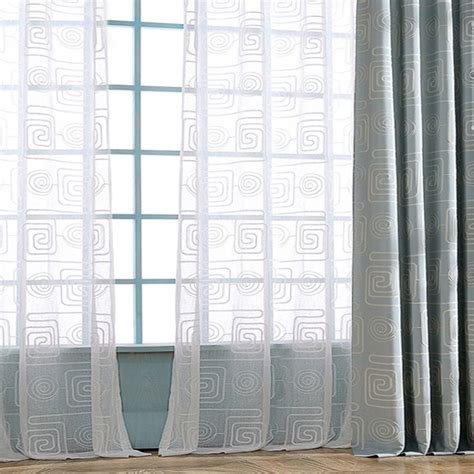 Spiral Maze Pattern Embroidered Cotton White Sheer Curtain