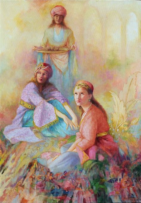 An Oil Painting Of Three Women Sitting On The Ground