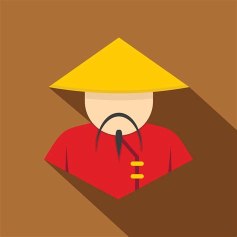 Asian Man In Conical Straw Hat Icon Flat Style 14935200 Vector Art At