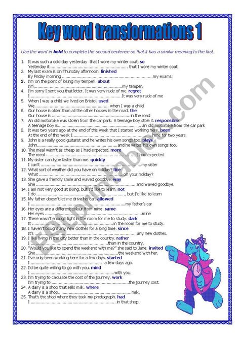 Key Word Transformations 1 ESL Worksheet By Curk